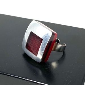 Modernist Geometric Ring - Red & Silver Square - Adjustable Size